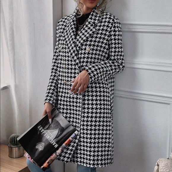 Tweed houndstooth trench coat jacket black white - Picture 4 of 5